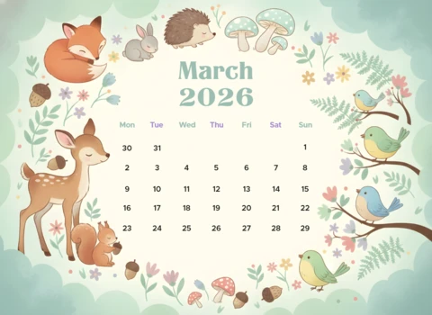 Spring-Themed March 2026 Calendar Poster with Woodland Animals and Gentle Pastel Colors