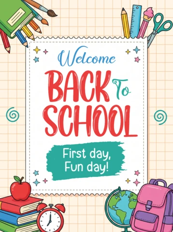 Colorful Back to School Poster Design with Stationery Items Like Pencils Books and a Backpack for Students Returning to Class
