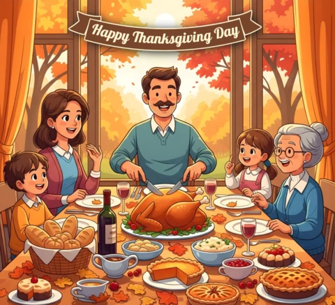 Carte de Thanksgiving joyeuse dîner avec grands-parents, enfants et plats de saison dans un design de bannière au glow automnal.