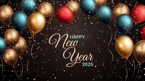 Modèle de carte 2025 de célébration de la nouvelle année avec ballons élégants