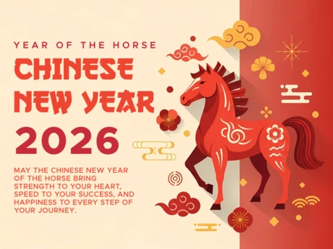Sjabloon voor een feestelijke groetkaart met een Chinees nieuwjaar paard ontwerp