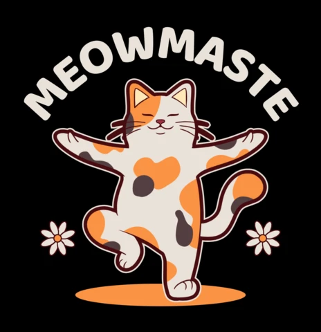 Meowmaste citazione divertente con un gattino che fa la posizione dell'albero - template per merchandising di yoga