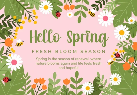 Spring Floral Design Template for Greeting Cards with Bees and Blooms