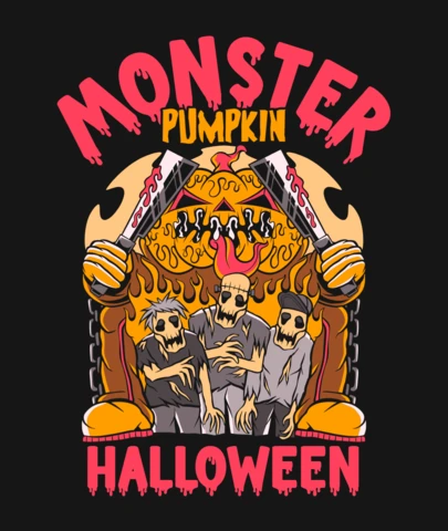 Monsterpompoen Halloween vlamgrafiek met zombies en messen t-shirt ontwerp sjabloon