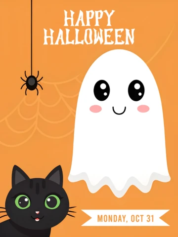 Happy Halloween Design Template with Cute Ghost and Black Cat for Merchandising