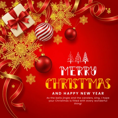 Christmas Greeting Card with Red Background, Golden Snowflakes, Ornaments, and Wrapped Gift Box