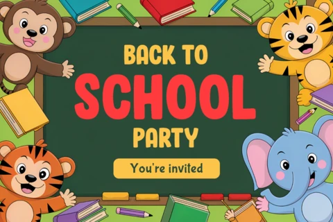 Back to School Party Invitation Template with Cute Animal Characters and Chalkboard Design