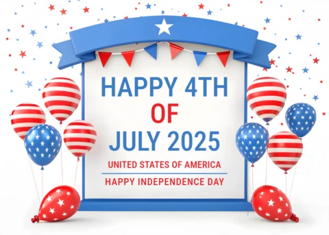 Template de design para celebração do 4 de julho com balões e faixas.