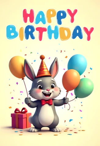 Modèle de carte d'anniversaire pour un adorable lapin avec des ballons colorés et un cadeau