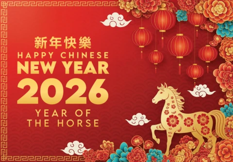 Chinese New Year 2026 Year of The Horse Poster with Vibrant Red Background, Lanterns, and Decorative Cloud Elements