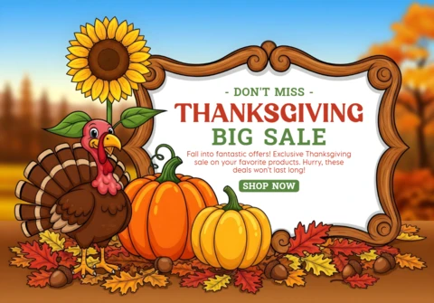 Thanksgiving Promotion Template Cartoon Turkey in Warm Forest Setting with Big Sale Announcement Banner Design