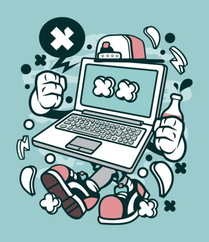 Modello di design per maglietta con personaggio dei cartoni animati del computer portatile