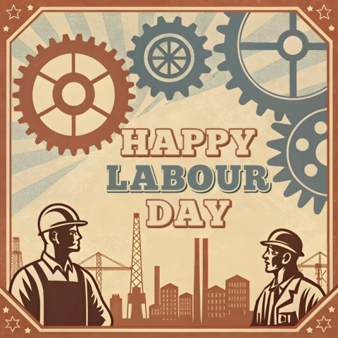 Vintage Labour Day Celebration Design Template with Gears and Workers