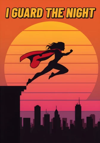 Eu guardo a noite, silhueta de super-herói saltando ao pôr do sol, modelo de design de pôster.