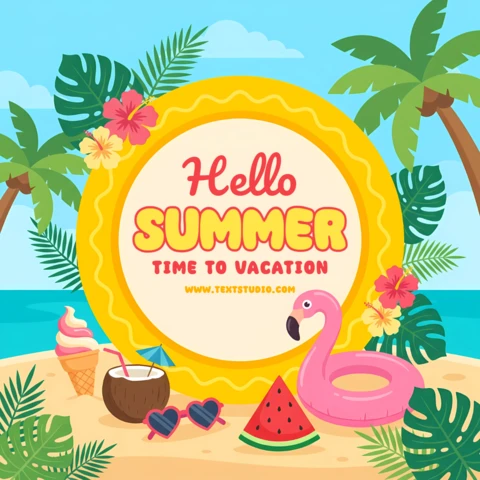 Tropical Beach Hello Summer Greeting Card Template