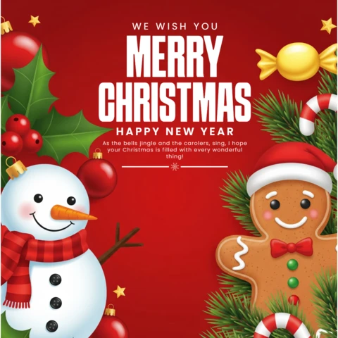 Christmas Greeting Card with Red Background, Snowman, Gingerbread Man, Candy Canes, and Holiday Boots