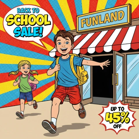 Back to School Sale Comic Style Kids Running From Funland with Backpacks Banner Design Template for Promotional Flyers