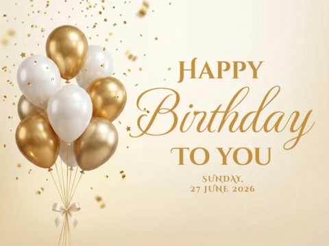 Happy Birthday Party Poster Beige Background with Gold and Silver Balloons, Confetti, and Festive Celebration Theme