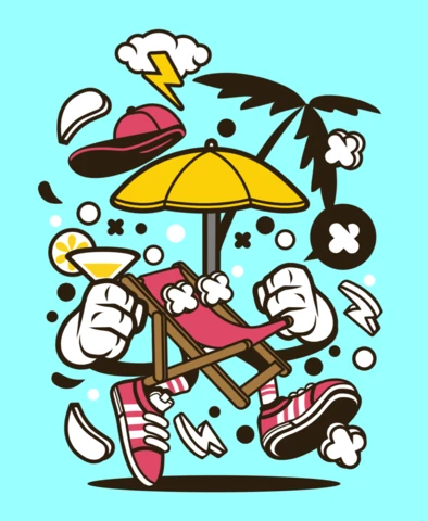 T-Shirt-Designvorlage für den Urlaub mit Strandkorb-Cartoon-Charakter