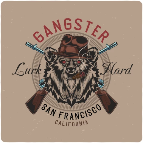 Vintage angry bear gangster in sun francisco poster design template