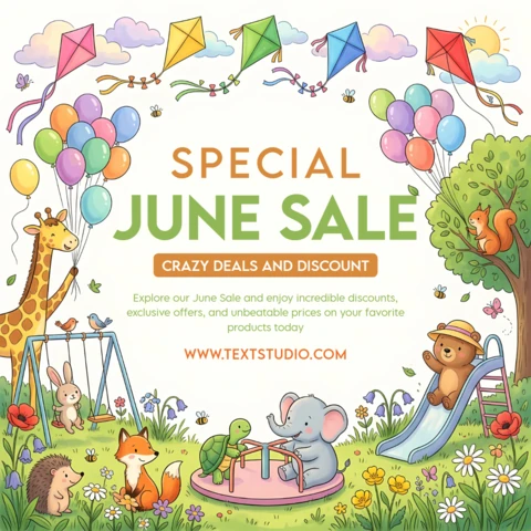 June Sale Promotional Banner with Cute Animal Characters and Playground Illustrations