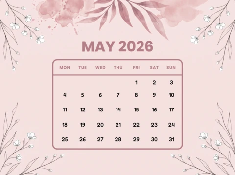 Plakat kalendarza kwiatowego na maj 2026 - elegancki motyw botaniczny w stylu akwarelowym w odcieniach różu