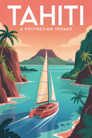 Modelo de design de viagem polinésia com veleiro para cartazes de viagem