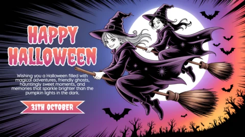 Feliz Halloween modelo de design de bruxa de anime para convites de festa assustadora