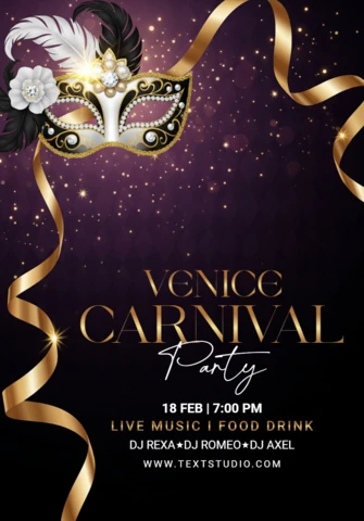Elegant Venice Carnival Party Poster Ornate Masquerade Mask with Feathers and Pearls On Sparkling Purple Background