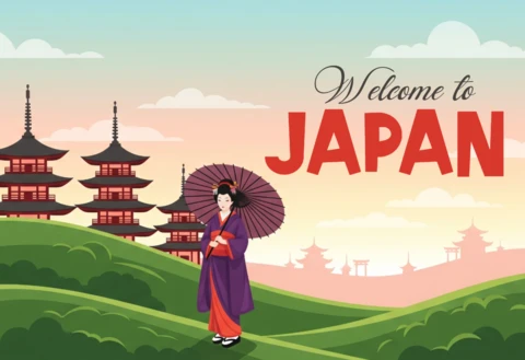 Explore Japan Poster Traditional Pagodas, Kimono-Clad Woman, and Serene Landscape in Pastel Tones