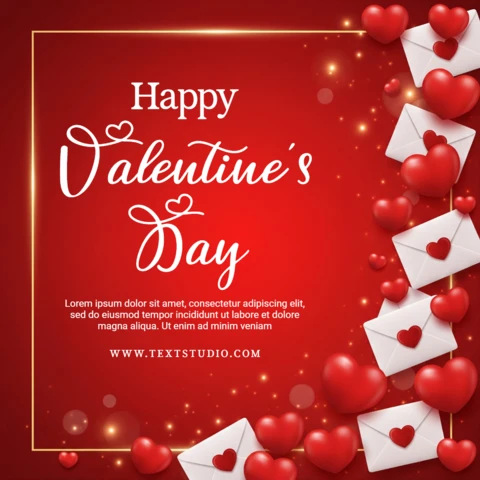 Plantilla de San Valentín con fondo rojo y símbolos de amor diagonales para saludos personalizados.