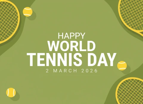 World Tennis Day Decorative Poster with Rackets, Balls, and Festive Theme