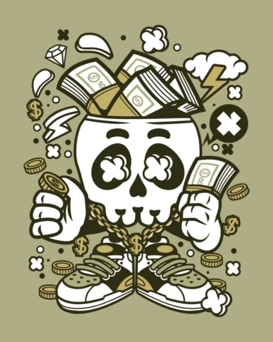 Plantilla de diseño de póster de personaje de dibujos animados de calavera de dinero
