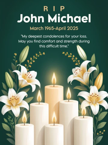 Plantilla de diseño memorial floral elegante con velas para tarjetas de tributo