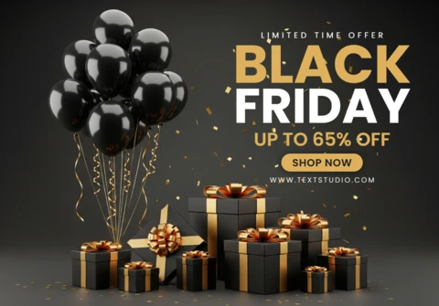 Conception élégante de vente du Black Friday, mise en page festive sombre avec des ballons dorés et des boîtes cadeaux enrubannées, modèle pour des flyers promotionnels.