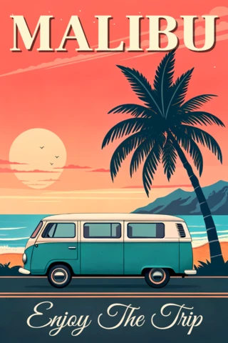 Template de design de van de praia retrô para pôsteres de viagem