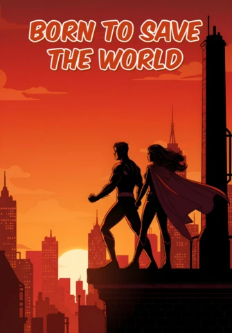 Modèle de design d'affiche en style bande dessinée avec un duo silhouetté sur un toit, cape flottante et lumières de la ville.