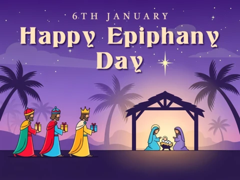 Frohes Epiphanias-Tag-Designvorlage mit Krippenszene für Grußkarten