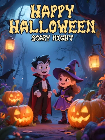 Halloween Night Poster Template Cartoon Kids in Costumes with Lanterns, Bats & Moonlight Design for Festive Flyers