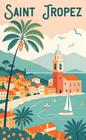 Plantilla de diseño tropical de Saint Tropez para carteles de viaje retro planos.
