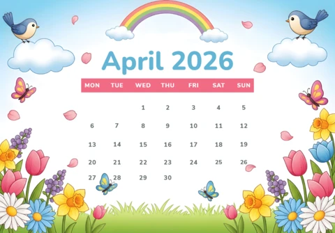 April 2026 Calendar Poster — Rainbow with Birds, Butterflies, and Blooming Tulips, Daisies, and Daffodils