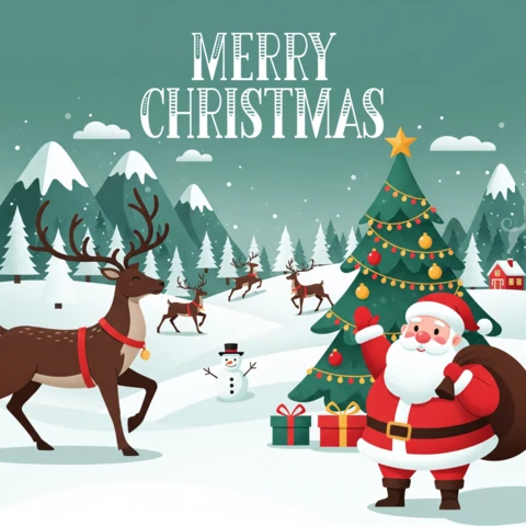 Santa Claus and Red-Nosed Reindeer in Winter Wonderland with Presents and Christmas Cheer Poster Design Template