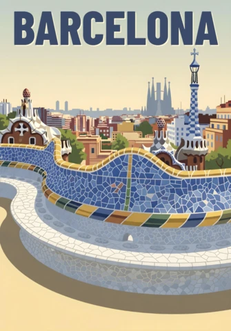 Barcelona Park Güell Mosaic Bench & Sagrada Família Skyline Travel Posters Design Template