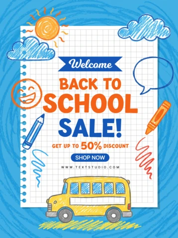 Colorful Back to School Sale Poster with a Yellow School Bus and Doodles