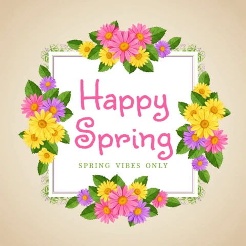 Template de design de cartaz de primavera feliz com flores decorativas, tipografia verde e mensagem festiva da estação.