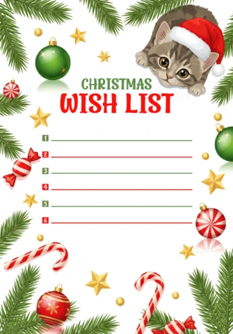 Christmas Wish List Template Festive Design with Santa Hat Kitten, Ornaments, Candy Canes, and Pine Branches