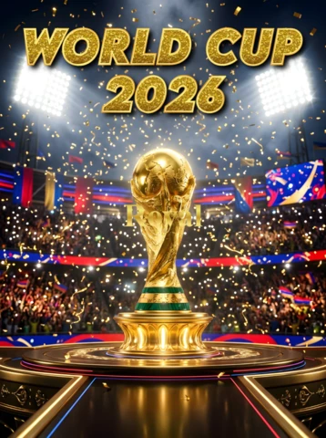 Plakat finałowego turnieju Mistrzostw Świata FIFA 2026 z złotym trofeum, tłumem na stadionie i konfetti świętującym zwycięstwo