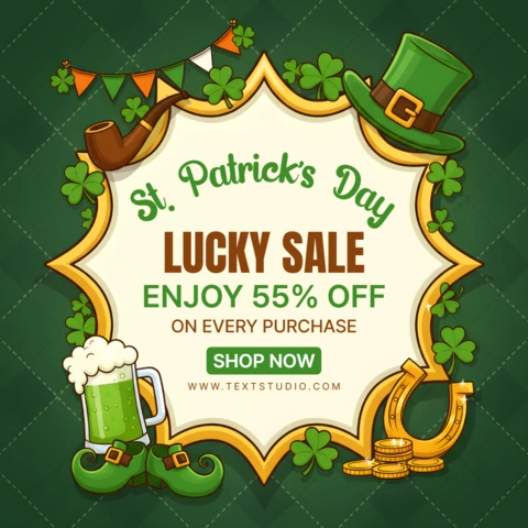 Saint Patrick’s Day Advertising Poster Design Template with Shamrocks, Beer Mug, and Lucky Sale Offer