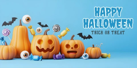 Happy Halloween Festive Pumpkins, Boo Candy Mix & Playful Blue Theme YouTube Cover Design Template
