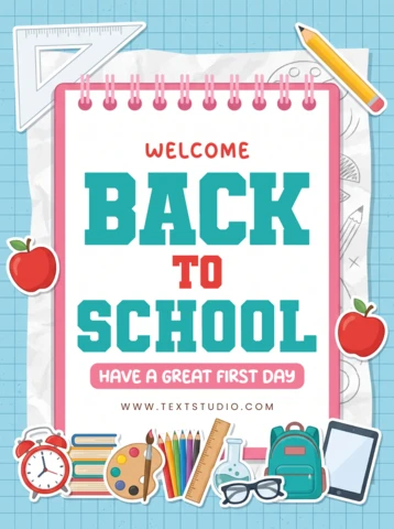 Colorful Back to School Poster Design with a Spiral Notebook and Various Educational Supplies
